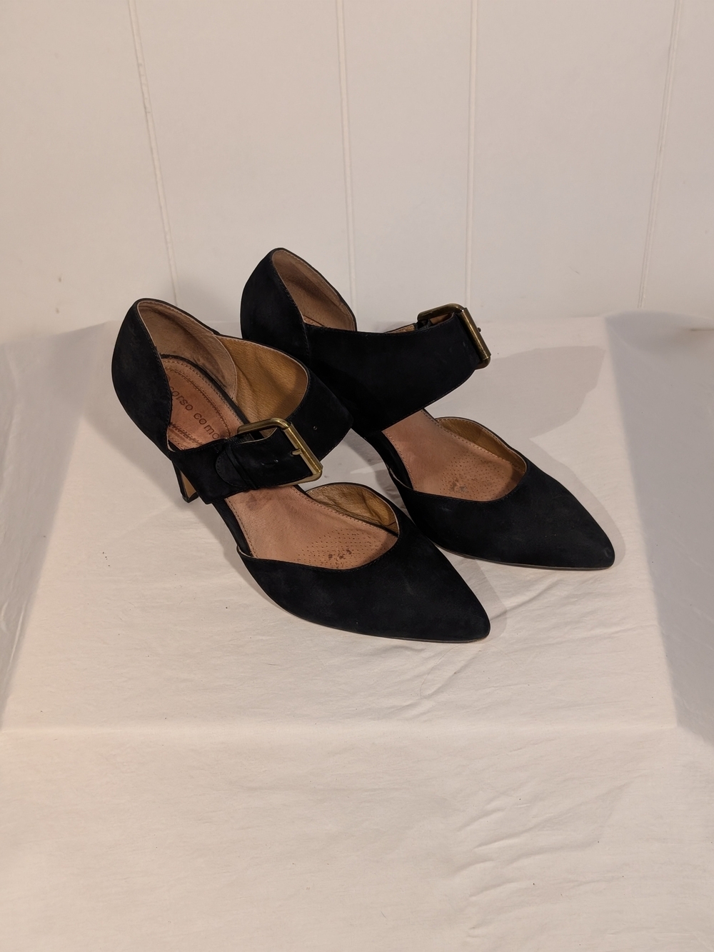 Corso Como Black Suede Pointed Mary Jane Heels with Gold Buckle